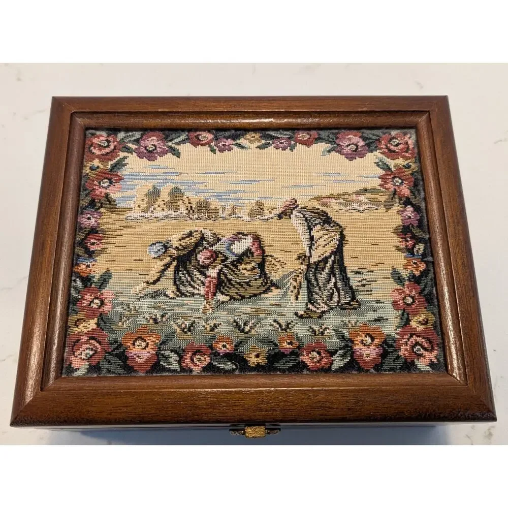Vtg Wooden Jewelry Box Needlepoint Tapestry Florals African Ethnicity